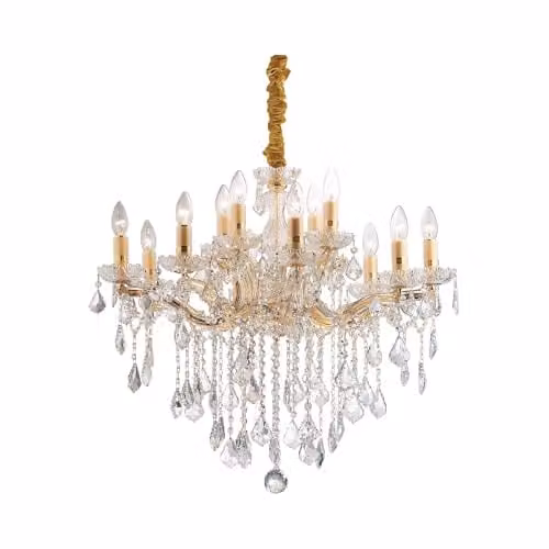 Ideal Lux Florian SP12 Crystal Chandelier in Gold and Transparent Glass with Metal Details, E14, W/D/H: 120 x 72 x 72 cm
