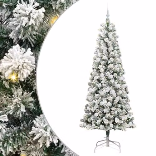 vidaXL Artificial Hinged Christmas Tree in Green and White, Height: 210 cm – 1