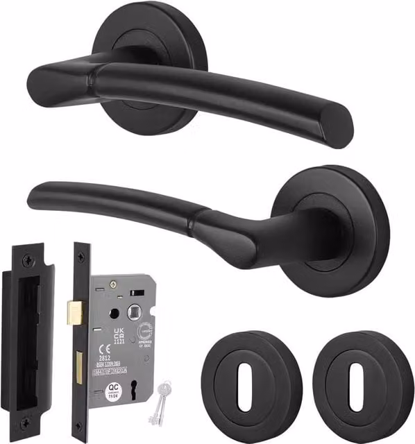 AFIT Matt Black Round Rose Door Handle with Keyed Lock, 64mm Internal Lever, W/D/H: 15.0 x 150.0 x 150.0 cm – 1