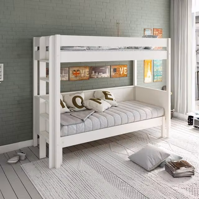 Noomi Arvid White Scandinavian Solid Pine Pull-Out Bunk Bed for Children