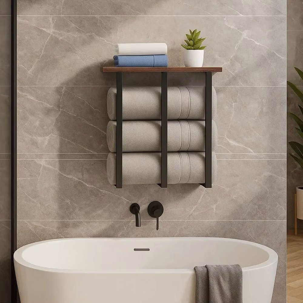 Nordara Brown 3-Bar Wall Mounted Towel Rack with Shelf in Metal and Wood – 3