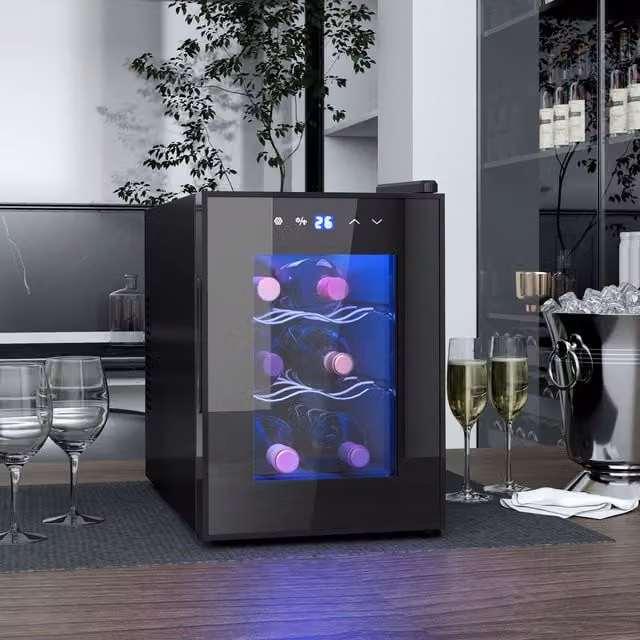 HOMCOM Mini Freestanding Wine Cooler Fridge, 6 Bottle Capacity, 17L, Black