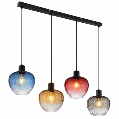 Nowa Retro Glass Pendant Light with Black Metal Frame, 4x E27 Sockets, Multicolour, L 108 x W 24 x H 120 cm