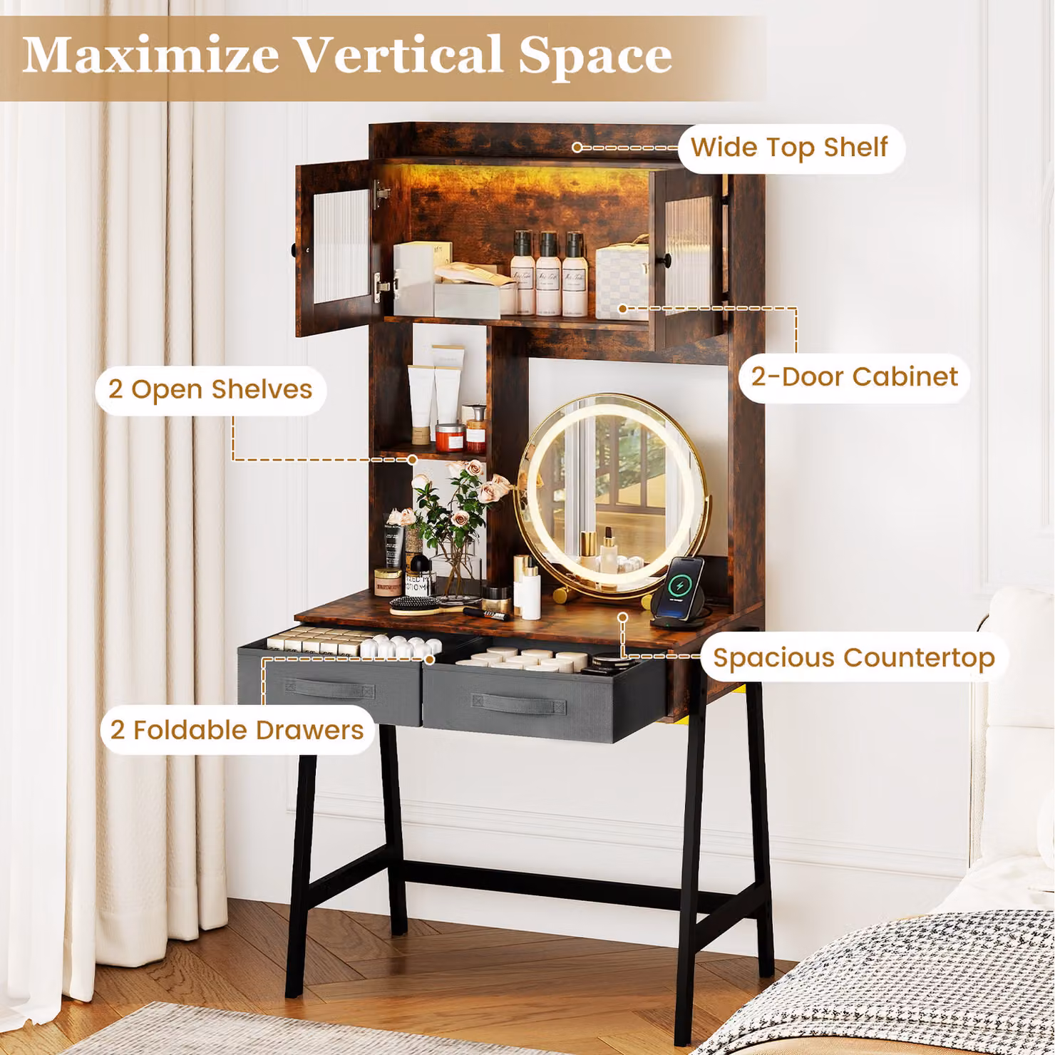 COSTWAY Hollywood LED Makeup Vanity Desk in Brown with Industrial Design – 2