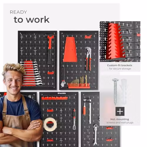 tectake 5-Panel Metal Pegboard Wall-Mounted Tool Organiser with Hooks and Holders in Black and Red – 3