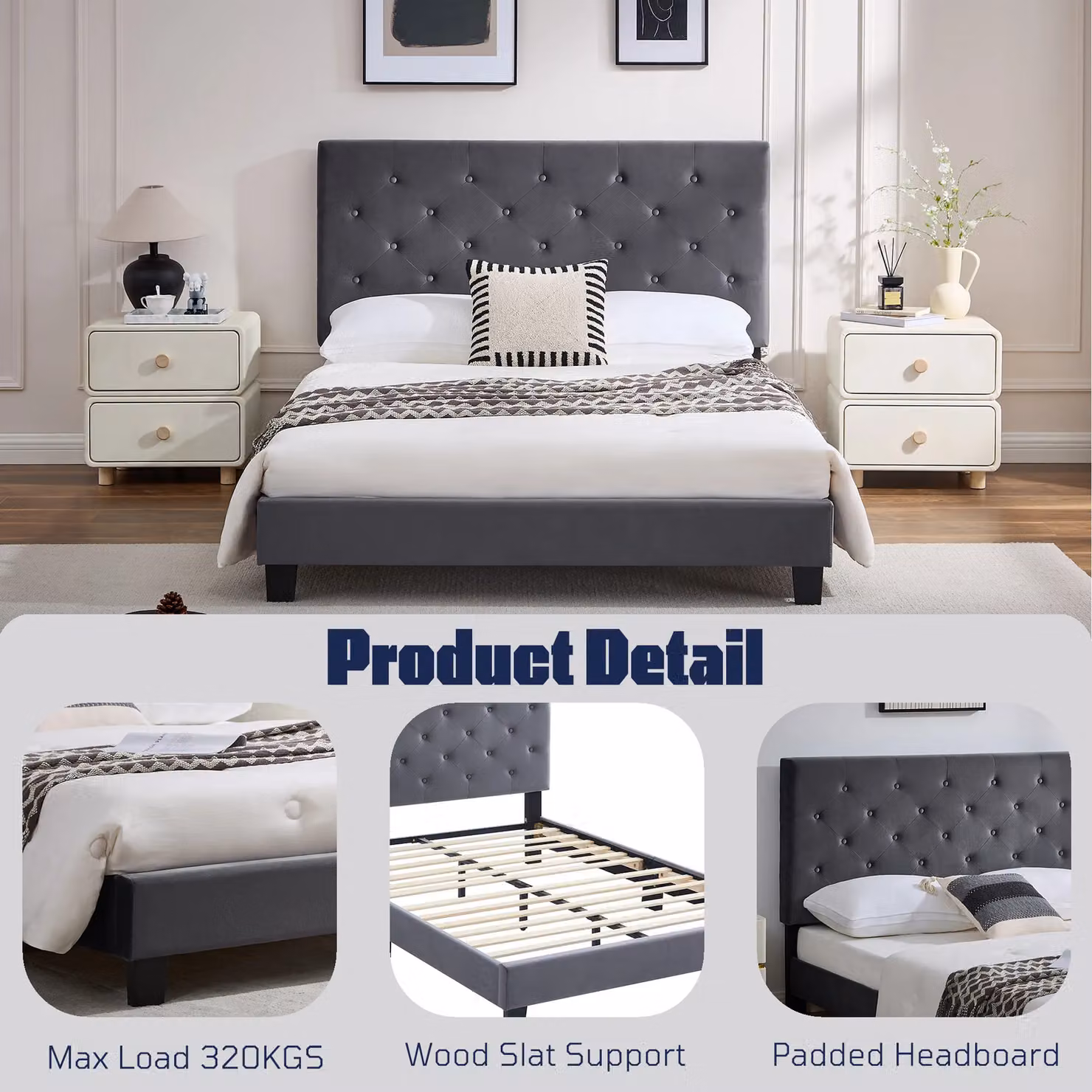 FURNITURE ONE Grey Upholstered Platform Bed Frame with Adjustable Button Tufted Headboard, W/D/H: 180 x 200 x 118 cm – 2