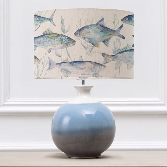Voyage Maison Neso Ceramic Tabletop Lamp with Ives Water Eva Fabric Lampshade in Blue