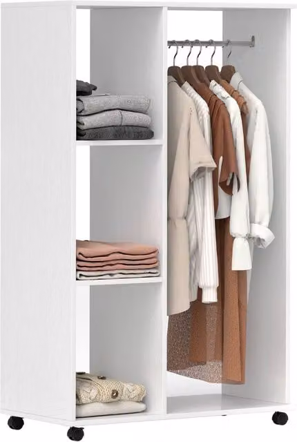 FORGEVIO White Wardrobe on Wheels with Clothes Rail and Shelves, W/D/H: 80 x 40 x 128 cm – 1