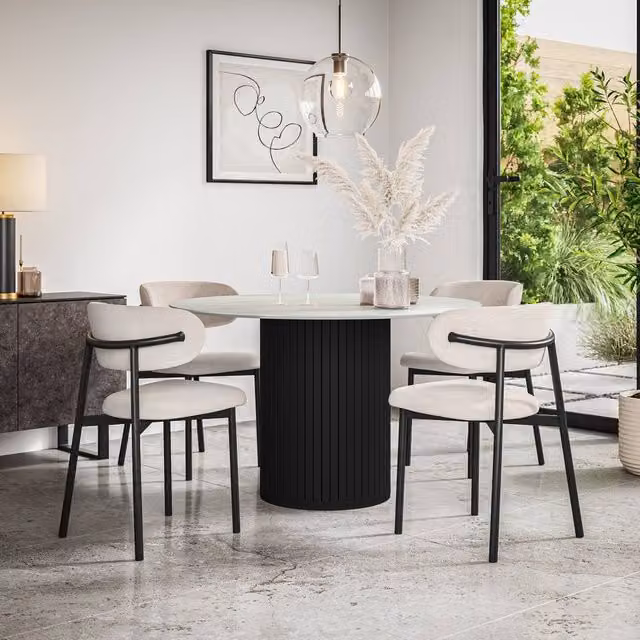 More4Homes Arlo White Marble Round Dining Table with Black Legs and 6 Myla Beige Linen Dining Chairs Set – 1