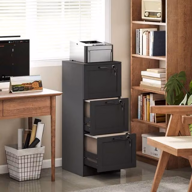 HOMCOM Lockable 3-Drawer Filing Cabinet for A4 and Letter Documents, Black