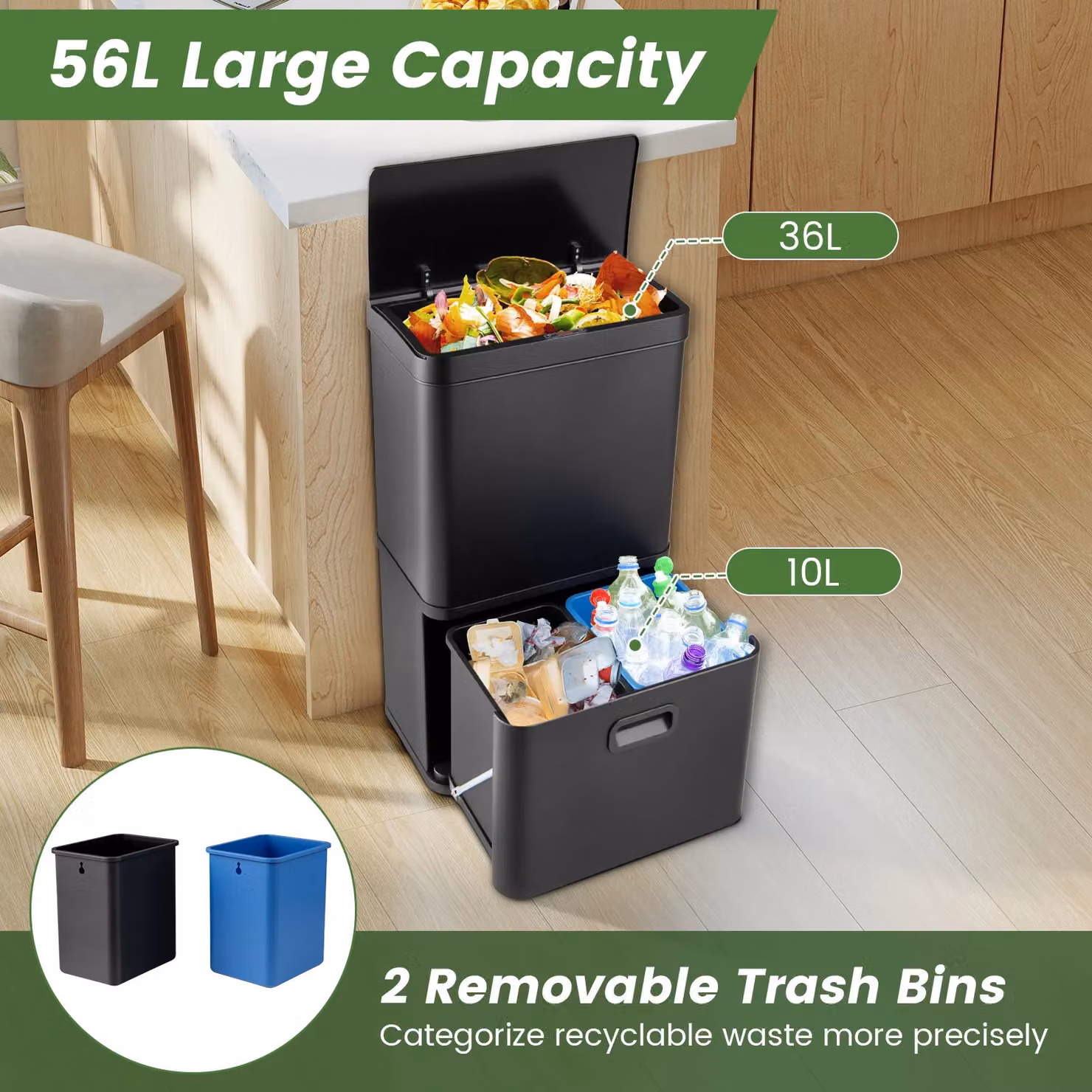 Costway 56L Stainless Steel Motion Sensor Trash Can with Soft Close and Fingerprint Proof Finish in Black – 3