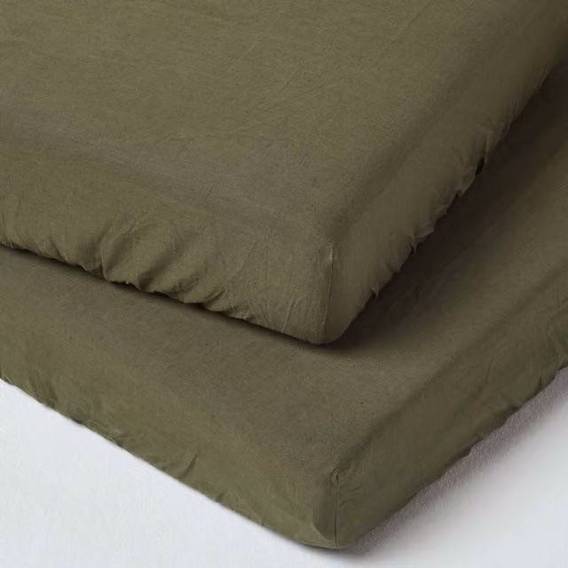 Homescapes Pack of 2 Green Linen and Cotton Combed Cotton Fitted Cot Sheets