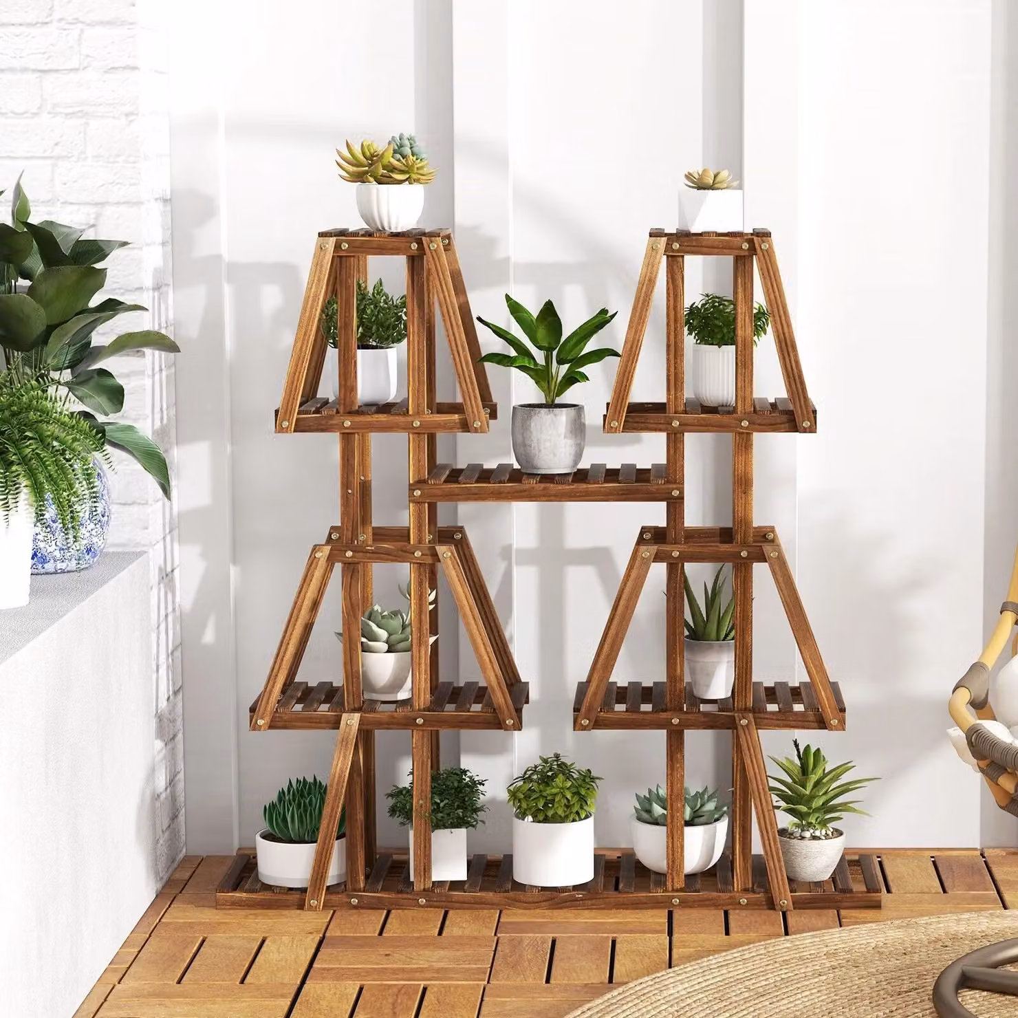 Costway 5-Tier Wood Plant Stand in Brown, Ladder Style Flowerpot Holder for 10 Pots – 3