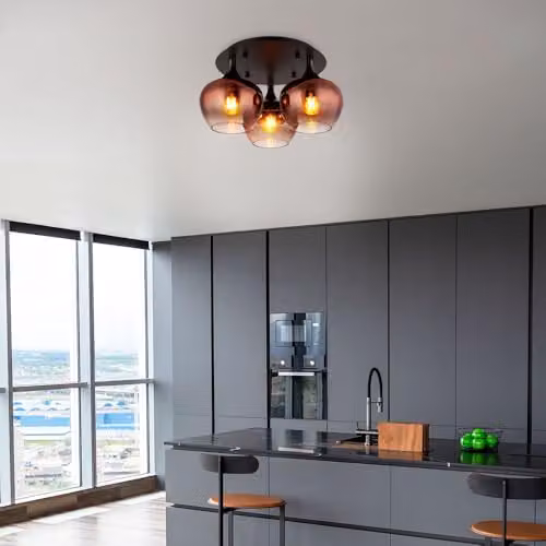 Globo Lighting Round Smoked Glass Ceiling Light in Black and Copper, Diameter: 45 cm, Height: 25.5 cm, 3x E27 – 3