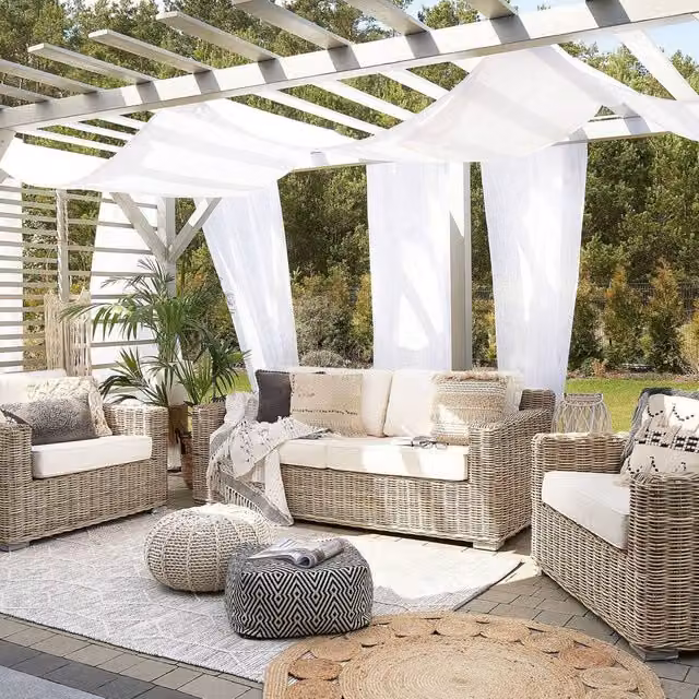 Wyld and Coco 4 Seater Rattan Garden Conversation Set with Brown and White Cushions – 1