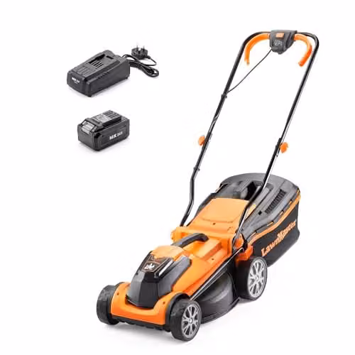 LawnMaster MX 24V 34cm Cordless Lawnmower in Orange with Rechargeable Battery, Fast Charger, Mulching Kit and Collection Bag