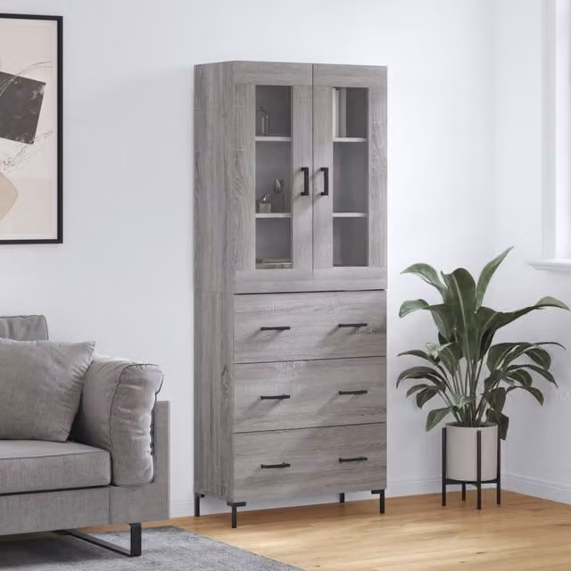 Berkfield Home Modern Grey Highboard with Glass Doors and Internal Shelves, W/D/H: 69.5 x 34 x 180 cm