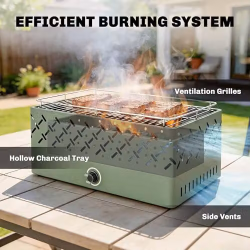 Outsunny Portable Tabletop Charcoal BBQ Grill with Built-in Fan, Green – 6