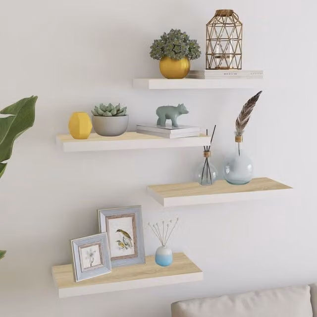 Berkfield Home Set of 4 Floating Wall Shelves in Oak and White, W: 60 cm, D: 23.5 cm, H: 3.8 cm – 1
