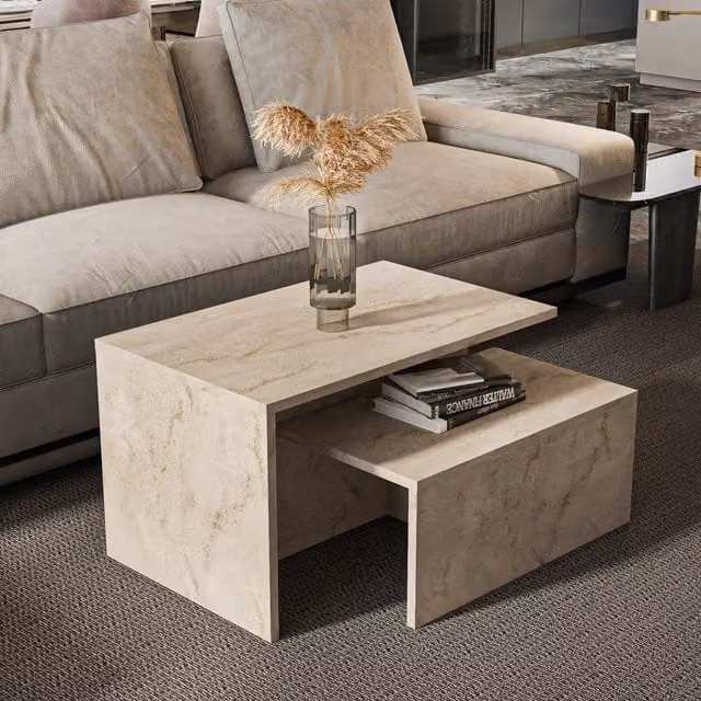 Decorotika Twins Nesting Table in Beige Travertine Natural Stone