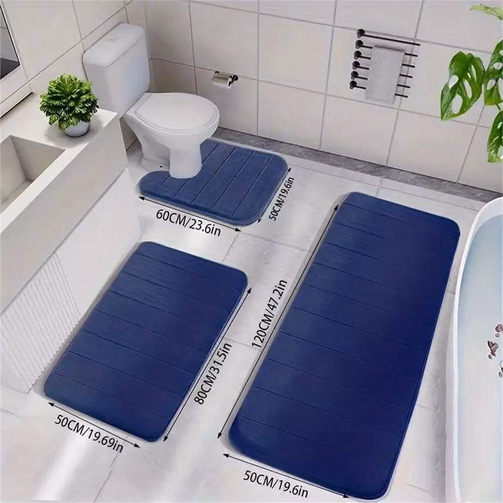 FLAVORA Blue 3-Piece Non-Slip and Quick-Drying Memory Foam Bath Mat Set – 2