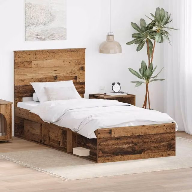 Berkfield Home Bed Frame with Headboard in Old Wood Brown, Solid Pine and MDF, W/D/H: 90 x 200 cm – 1