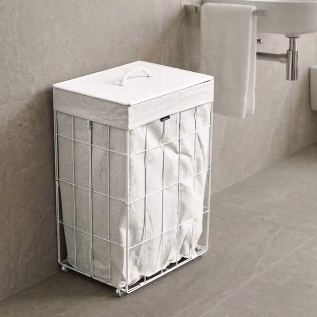 Wyld and Coco 72L Foldable Laundry Basket in White with Bamboo Lid and Removable Fabric Bag – 1