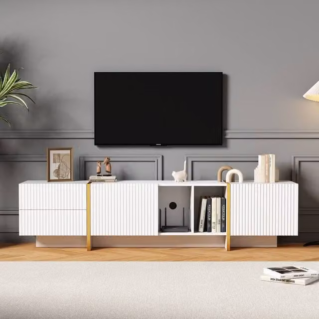 ModernLuxe Modern TV Cabinet with 2 Drawers, Storage Cabinet and Open Shelves in White and Multicolour Matt Finish