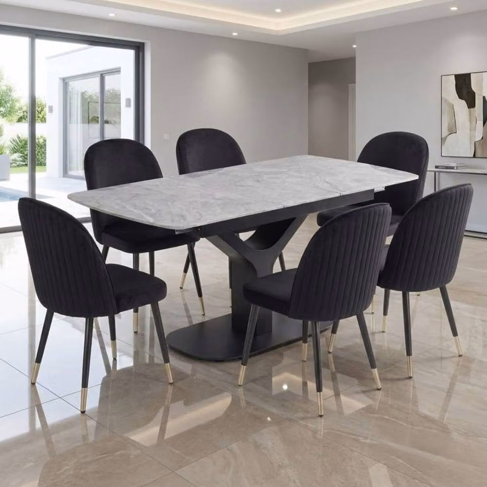 Home Luxe Interior Sapphire Extending Grey Quartz Dining Table and 6 Black Liza Chairs – 2