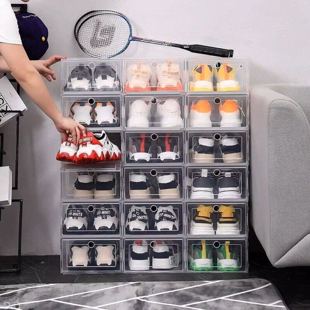 FLAVORA 12-Piece Stackable and Foldable Clear Plastic Shoe Organiser Boxes for Trainers – 3