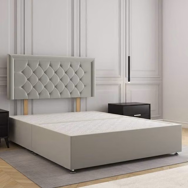 Regional Furnishings Plush Velvet Double Divan Bed Base with 24 Inch Headboard in Silver, W/D/H: 140 x 200 cm
