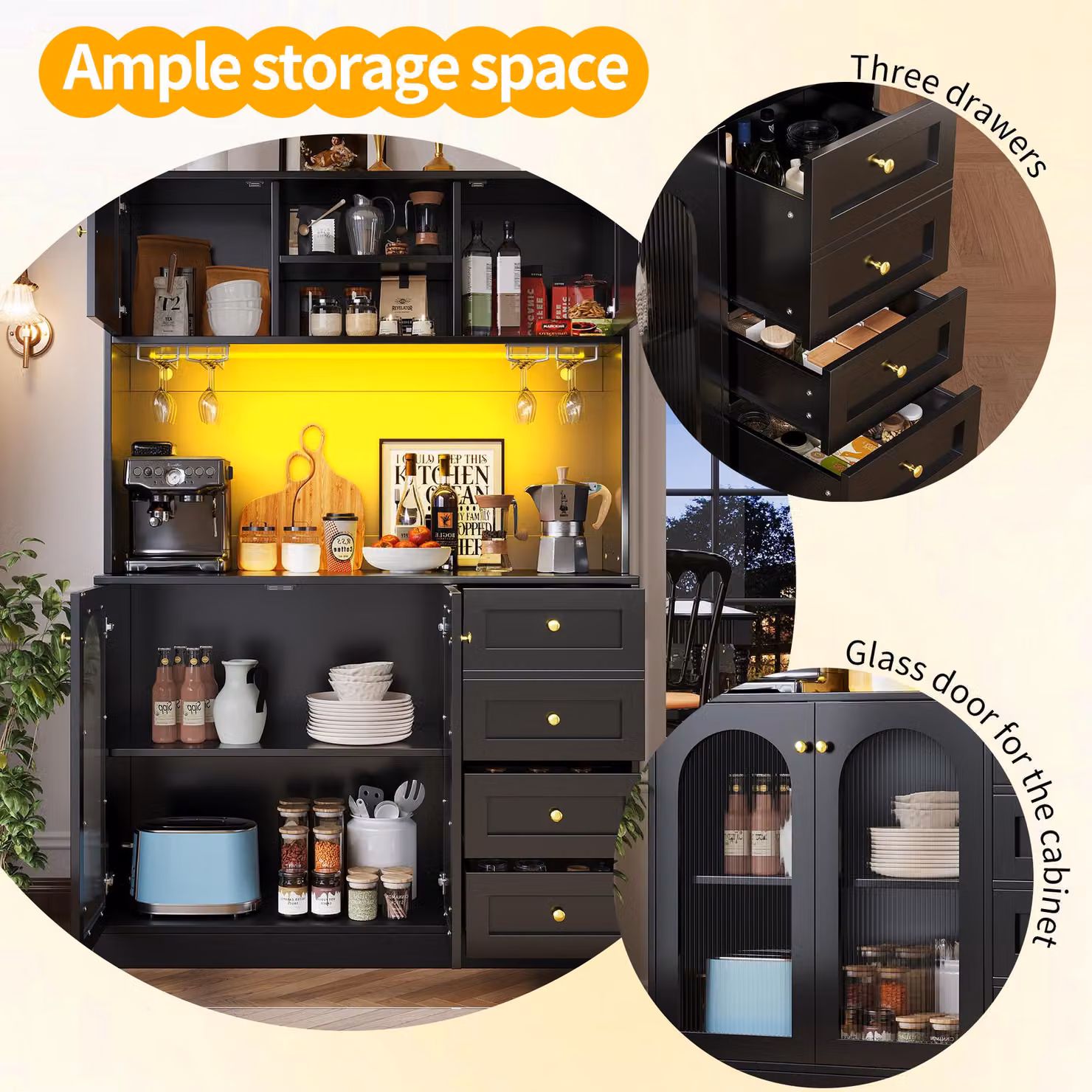 Aosom UK Black and Gold Retro Sideboard with App-Controlled LED Lighting, Snack Rack and Drink Holders, W/D/H: 120 x 40 x 188 cm – 4