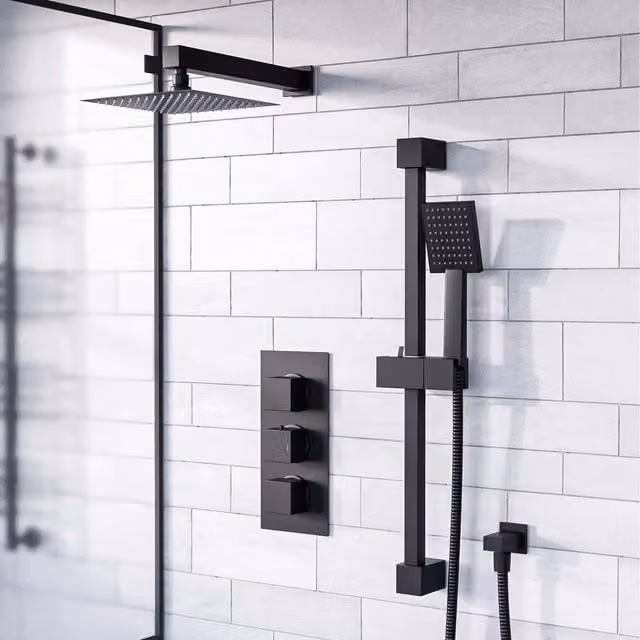 Nes Home Matte Black Concealed Thermostatic Mixer Valve, Slider Rail and Overhead Shower Set