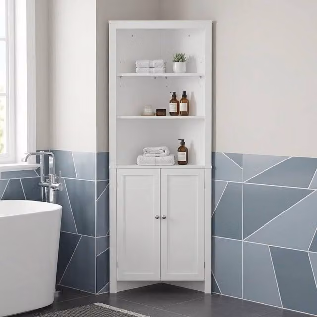 STILVORA White Lacquered Corner Bathroom Cabinet with Hinged Doors and Internal Shelves