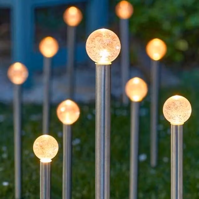 Garden Mile Solar Glow Ball Sphere Stake Lights in Silver with Warm White Glow