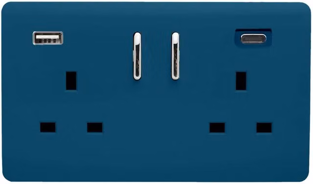 Trendi 2 Gang 13 Amp USB Switch Plug Socket with Type A and C Ports, Midnight Blue