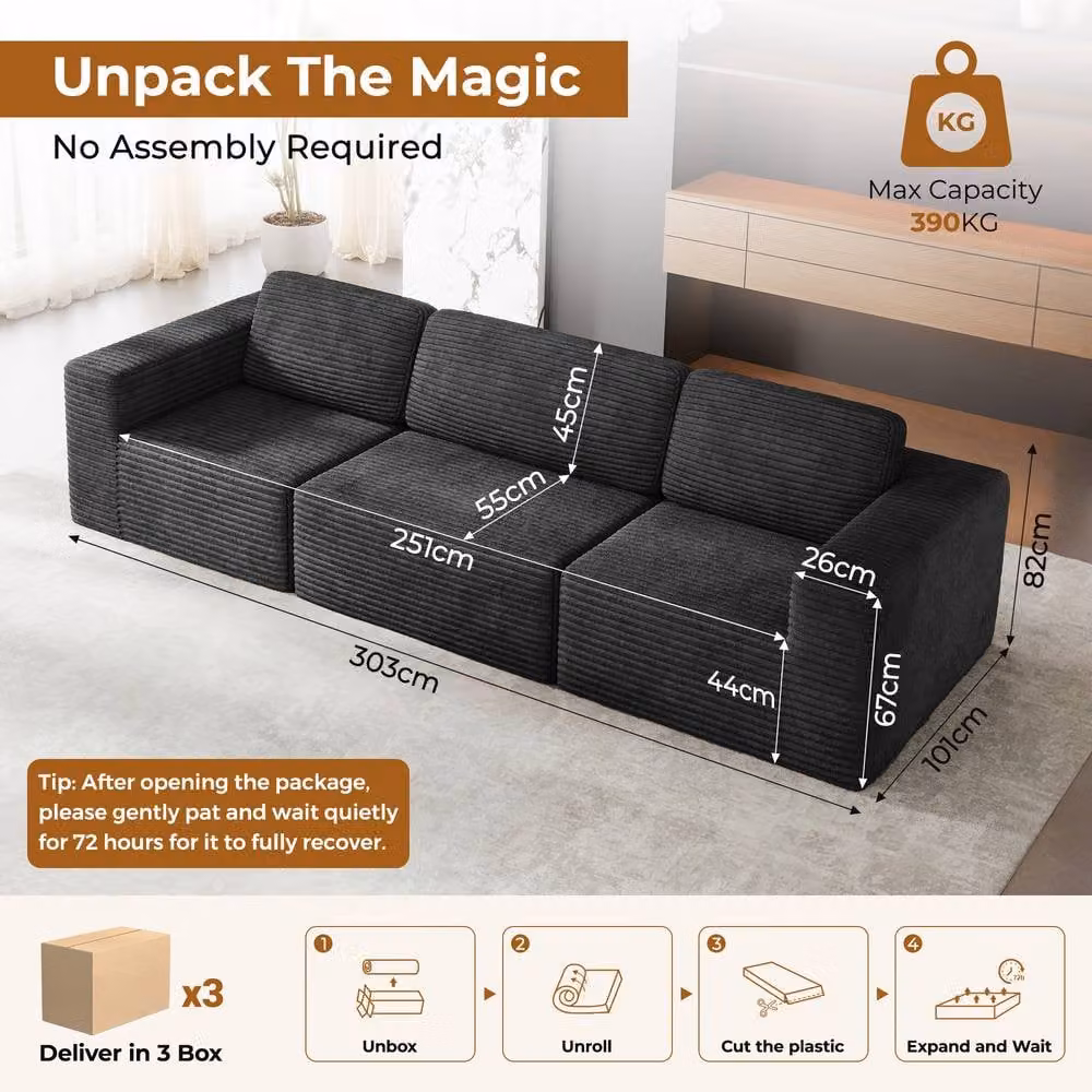 Dprodo Black Corduroy Modular L-Shape Sofa with Matching Ottoman and Removable Covers – 2