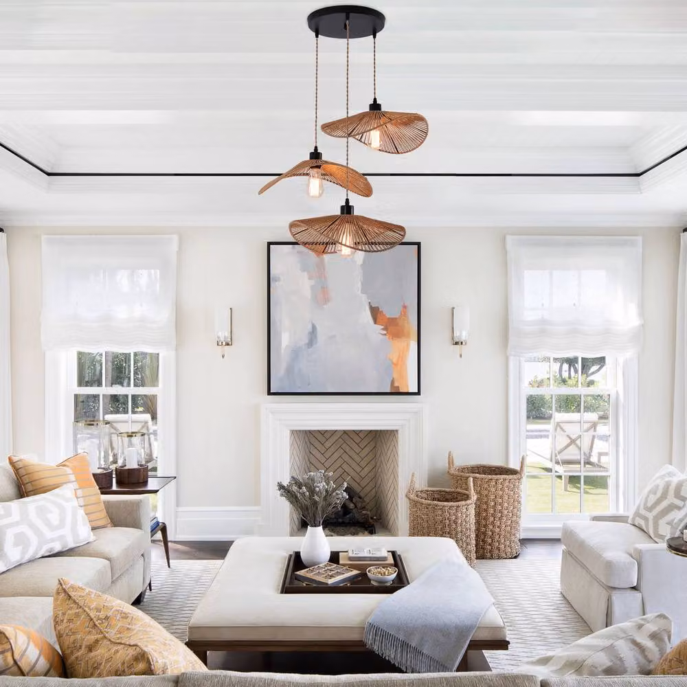 NIVOR 3-Light Rattan Farmhouse Cluster Pendant Light, Brown Boho Style Suspended Ceiling Chandelier – 4