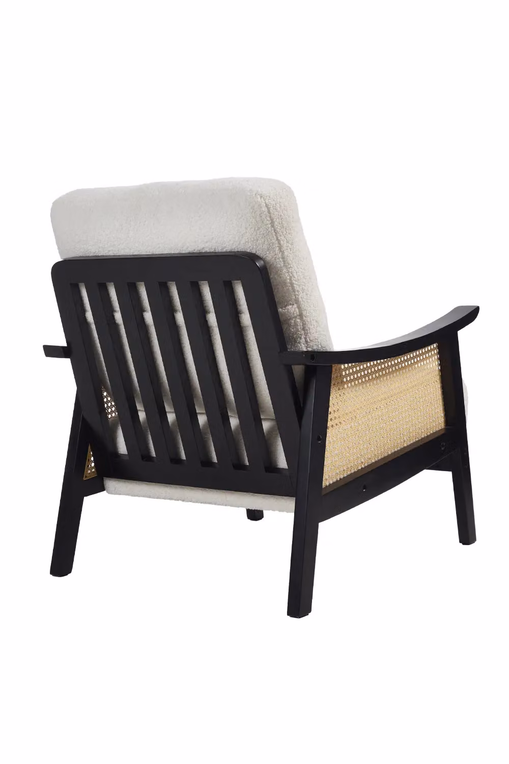 Living and Home White Teddy Fur Rattan Armrest Armchair with Mid-Century Dark Wood Legs – 2