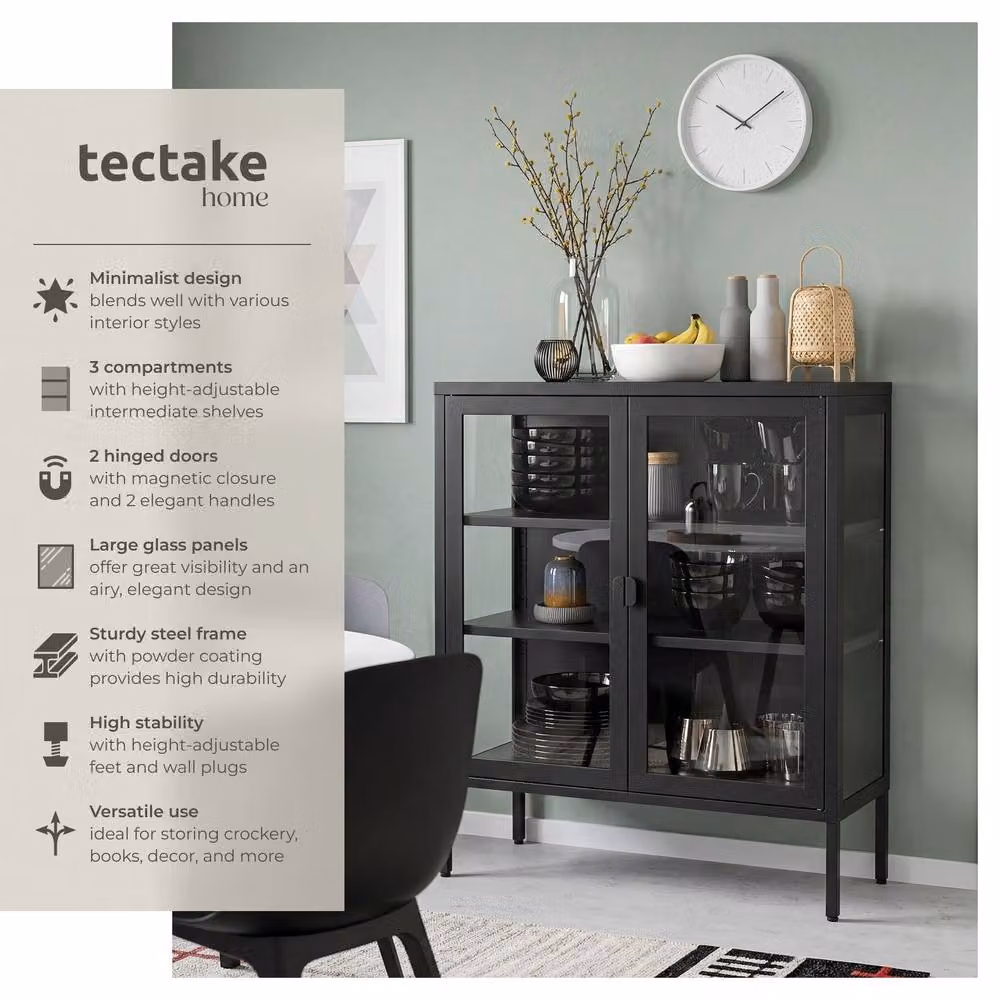 tectake Baker Metal Display Case in Black with Glass Doors and Internal Shelves – 2