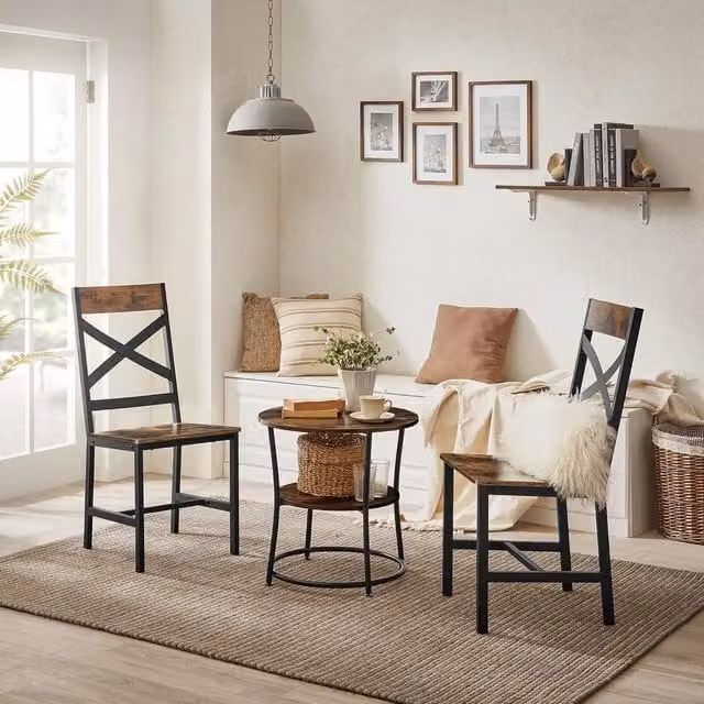 VASAGLE Set of 2 Industrial Ergonomic Dining Chairs with Steel and Wood Frame in Brown – 1