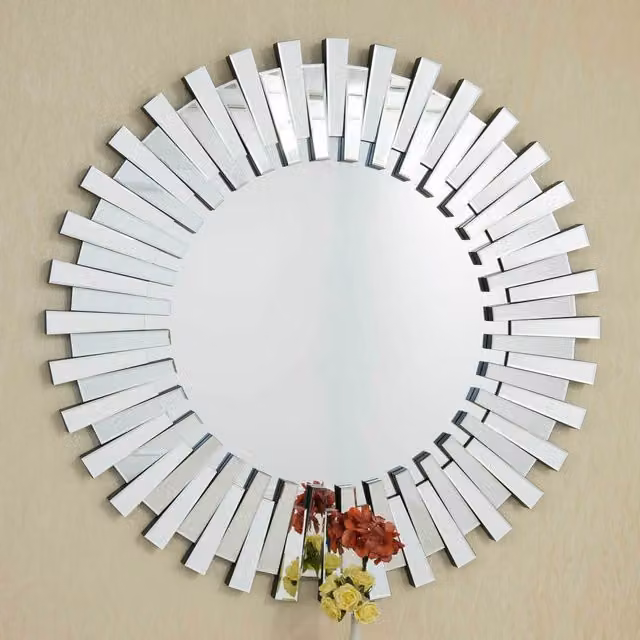 MirrorOutlet Sunburst Stylised Decorative Glass Wall Mirror, Silver, W/D/H: 120 x 120 x 1 cm