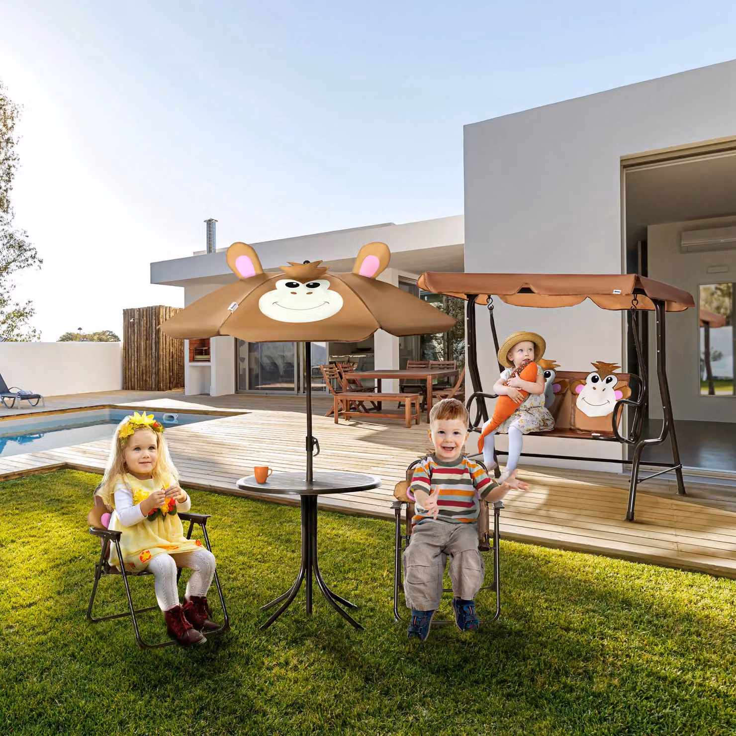 OUTSUNNY Kids Foldable Four-Piece Garden Set with Round Table, Chairs and Adjustable Umbrella in Brown – 3
