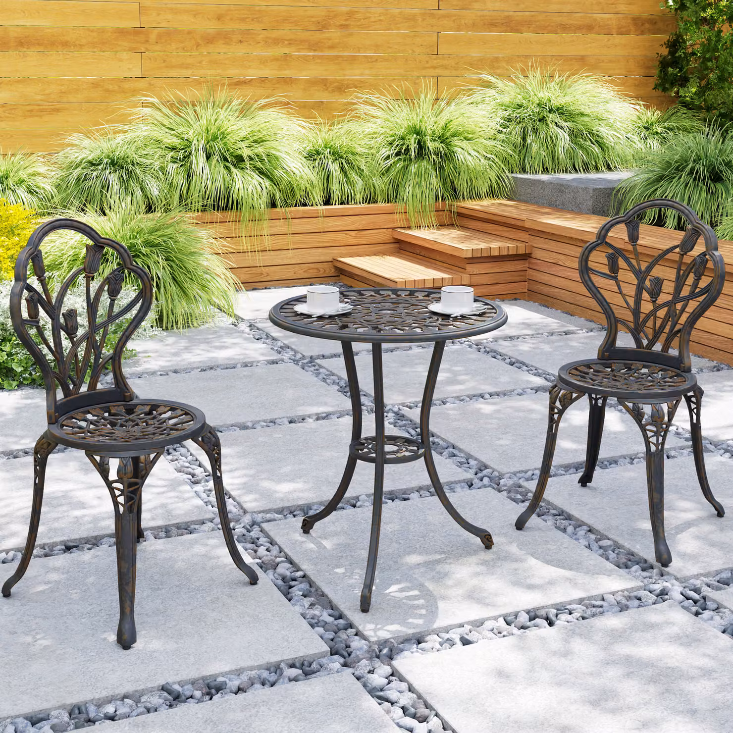 Outsunny 3 Piece Bronze Tone Aluminium Patio Bistro Set for 2 with Round Table and Umbrella Hole – 7