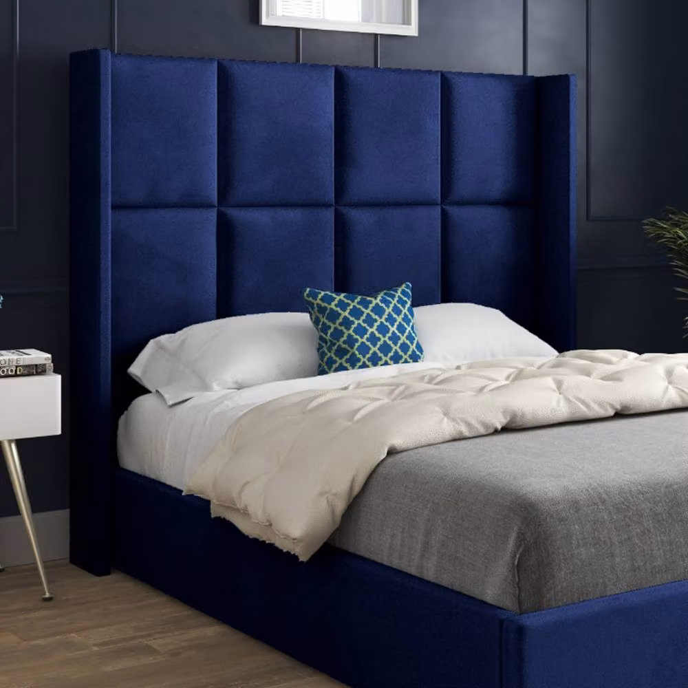 KDMD Stafford Winged Upholstered Designer Bed Frame in Blue Soft Velvet, W/D/H: 137 x 128 x 200 cm – 3