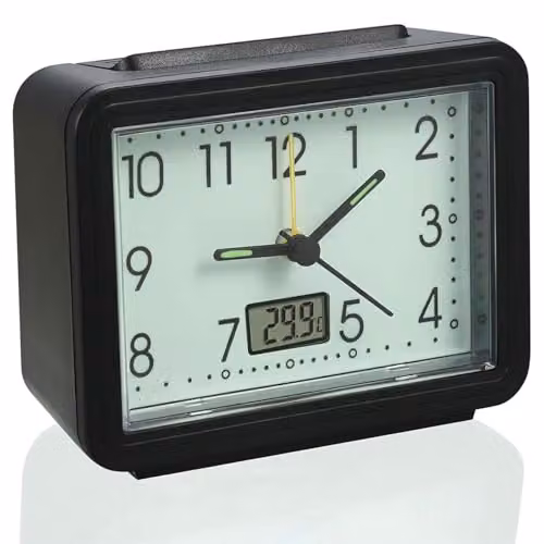 mysmartbuy Set of 2 Black Analogue Alarm Clocks with Temperature Reading and Glow in the Dark Face, H8.5 x W11 x D4.5 cm – 2