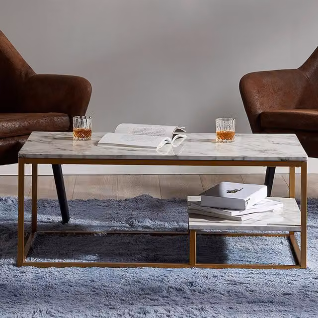 Teamson Home Versanora Modern Rectangular Coffee Table with White Marble Effect and Gold Metal Legs