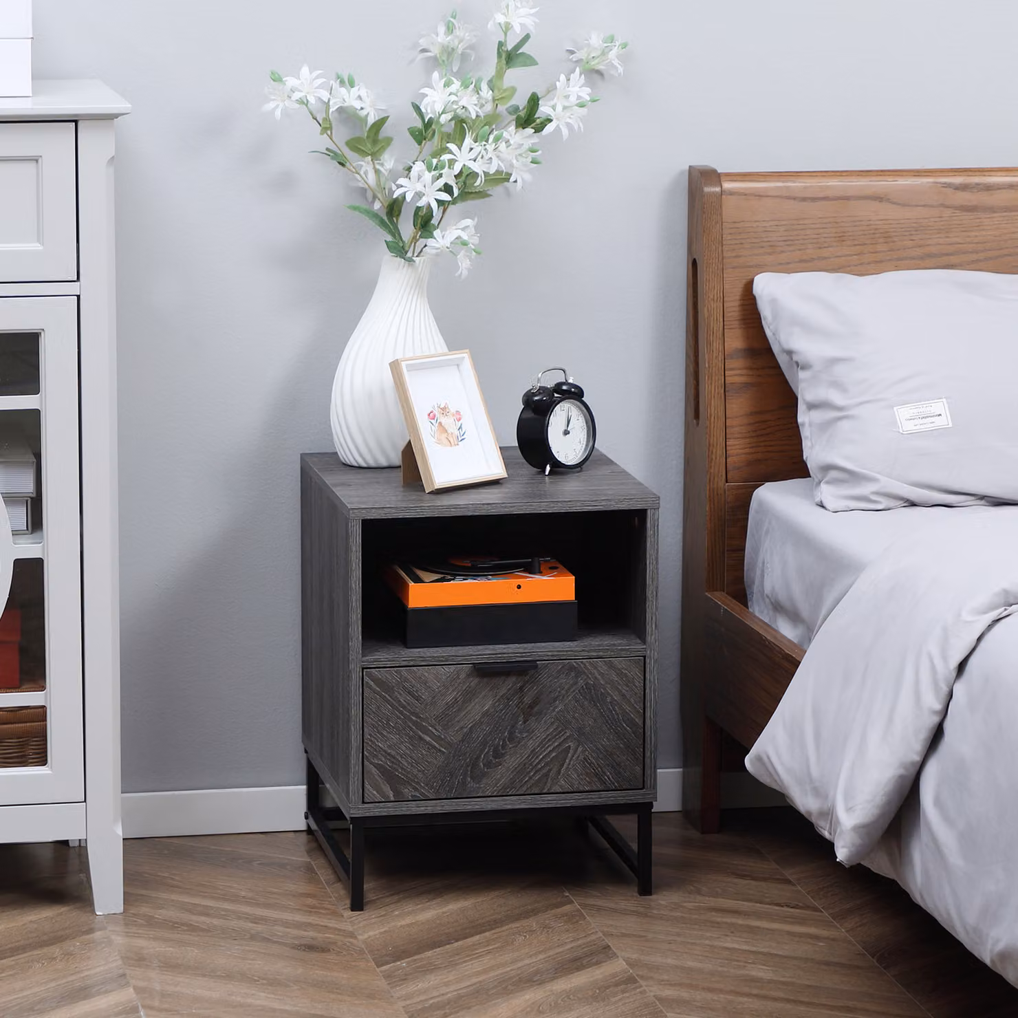 HOMCOM Bedside Table with Drawer and Shelf in Dark Grey with Steel Legs – 2