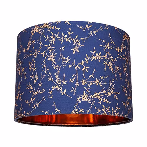 Happy Homewares Modern Round Blue Cotton Fabric Lamp Shade with Copper Foil Decoration, Diameter: 25 cm