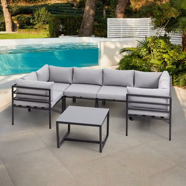 Catalon Grey Modular Aluminium U-Shape Sofa Set with Outdoor Coffee Table